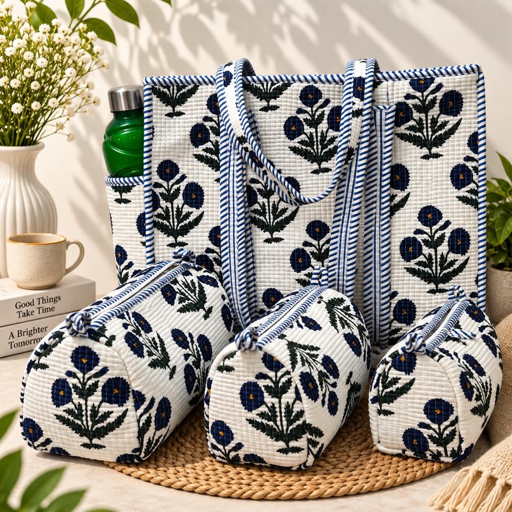 Royal Indigo Quilted Travel Tote Set
