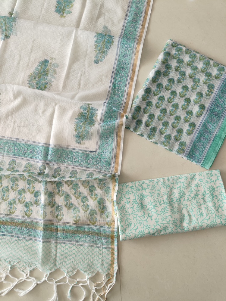 Teal Handblock Chanderi Salwar Set